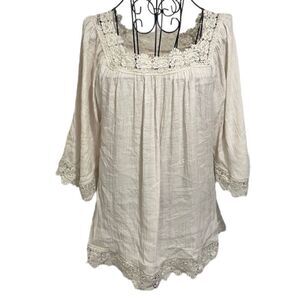 Retrology Beige Lace Detail Square Neck Top Tunic Size M